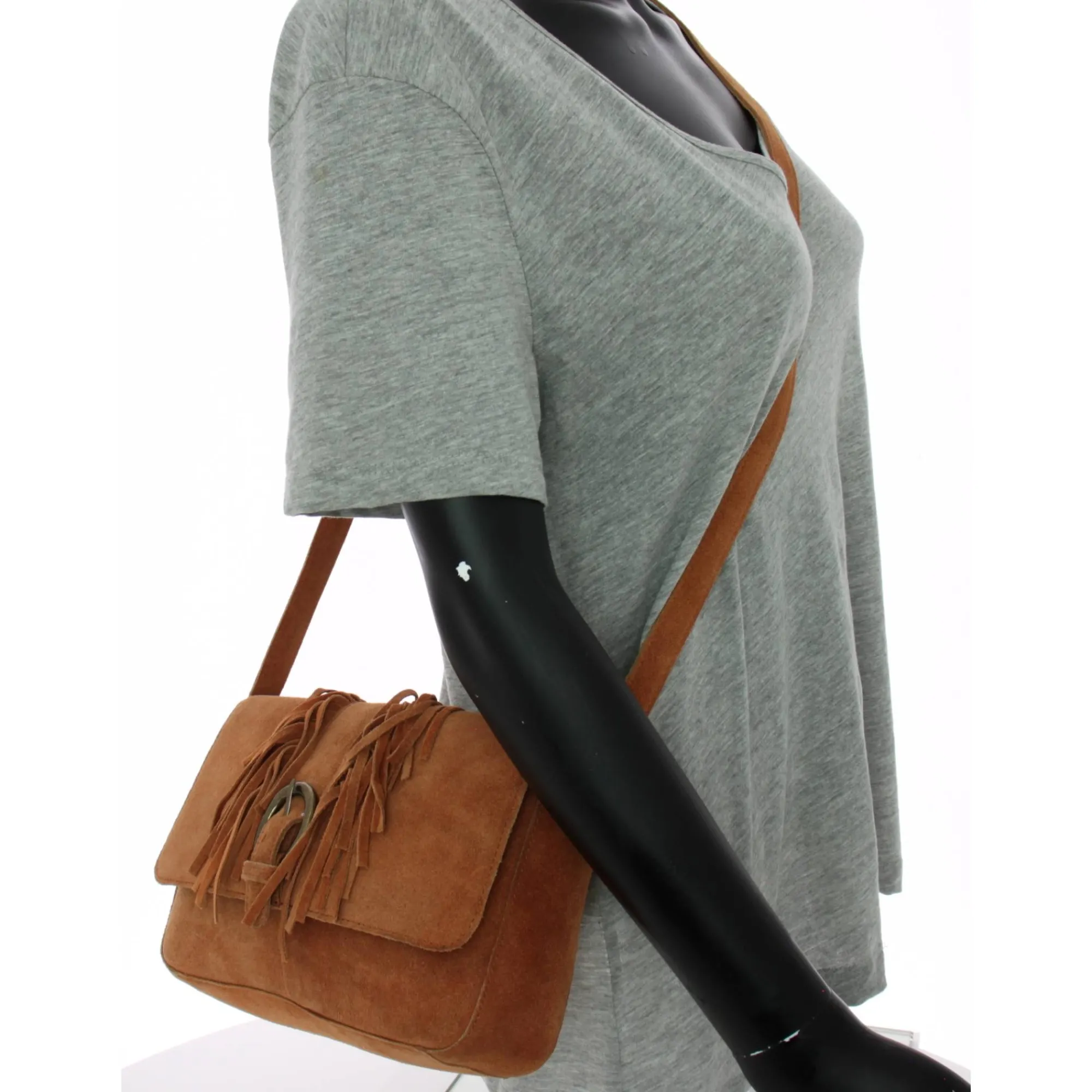 Pieces Sacs Bandoulière*Sac bandouliere Anis cuir facon nubuck Rootbeer