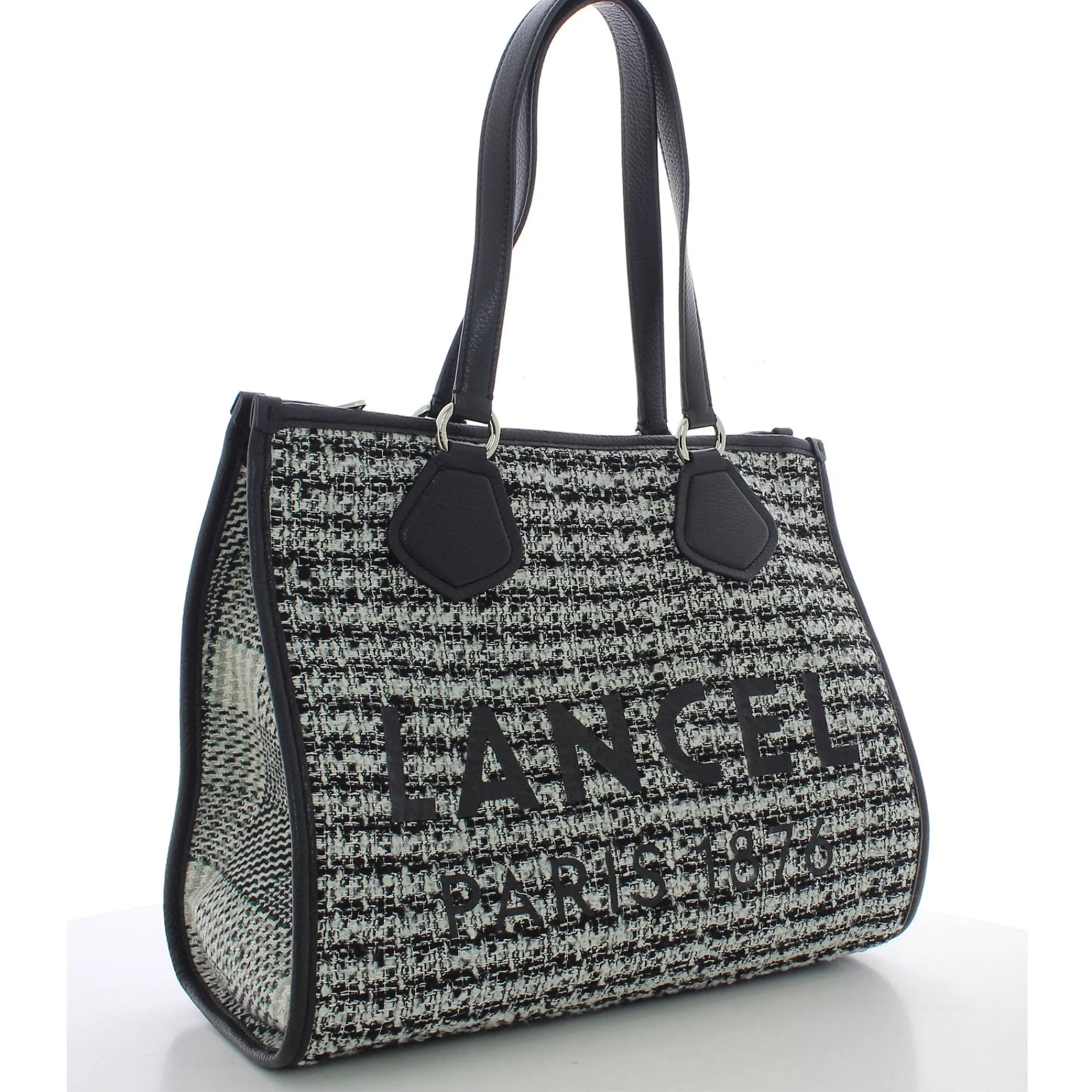 Lancel Sacs Cabas*Sac cabas zippe effet tweed tartan L Noir et blanc