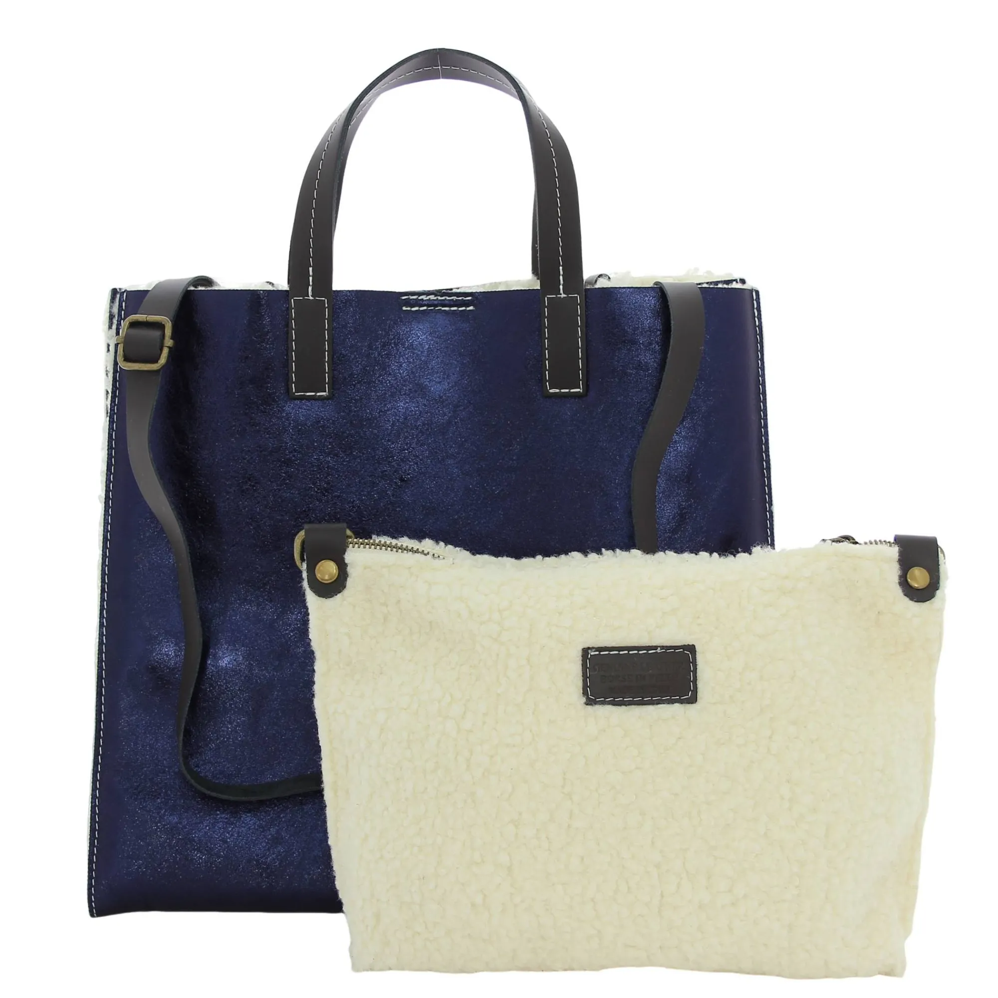 Marlon Firenze Sacs À Main*Sac porte main effet metallise et fourrure Bleu marine